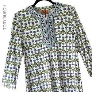 TORY BURCH | NWOT EMBELLISHED SILK FLORAL TUNIC BEADED JEWEL NECKLINE | SMALL